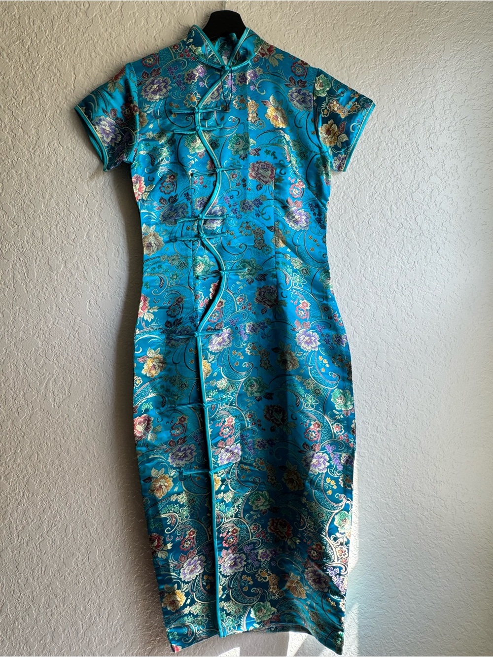 Vintage Laogudai Turquoise Blue Brocade Cheongsam Qipao Dress Sz L